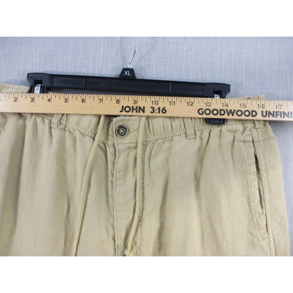 Mens Khaki Tan Linen Blend Elastic Waist Drawstring Straight Leg Pants L